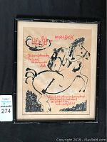 Framed limited edition silk screen broadside print 'Horseback' showing black bamboo-style frame and artwork.