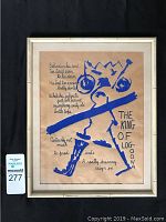 Front view of framed limited edition silk screen broadside showing the blue abstract figure and poem titled "The King of Log-Oona".