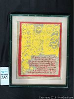 Frontal image of framed silk screen broadside in green bamboo-style frame showing artwork and text