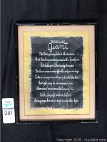 Front view of framed broadside 'Giant' by Kenneth Patchen with some scuffs on black frame and yellow matte.