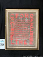 Framed Kenneth Patchen silk screen broadside showing red letters and textured background with aged bamboo style frame.