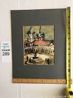 Frontal photo showing the matte art painting mounted on a grey matte board with measuring tapes for scale, approximately 14 inches tall and 11 inches wide.