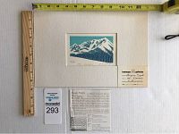 Photo showing the silk screen art, a ruler for scale, and gallery/art info cards for identification.