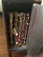 Necklaces hung inside a black jewelry organizer with door open, displaying multiple chains and beaded necklaces in assorted colors and styles.