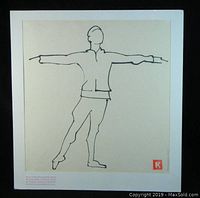 Full view of ballet dancer minimalist line drawing on off-white paper, showing figure in balanced pose with arms extended horizontally.