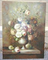 Full view of the large oil on canvas still life painting depicting flowers in a vase, showing the overall colors, composition, and signature.