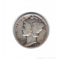 Obverse side of the 1921 silver Mercury Dime showing Liberty with winged cap, date 1921, and 'LIBERTY' inscription.