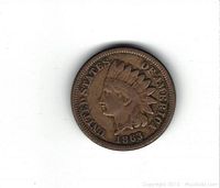 Obverse side of 1863 Indian Head One Cent Penny showing Native American head with feathered headdress and date.
