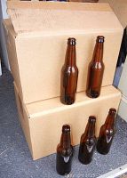 Two cardboard case boxes stacked, with five amber glass beer bottles displayed in front, showing bottle shape and color.