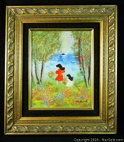 Full view of framed enamel on copper artwork by Louis Cardin showing mother and daughter in floral landscape.