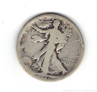 Obverse side of 1921 Silver Walking Liberty Half Dollar showing Lady Liberty and date.