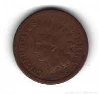 Obverse side of 1865 Indian Head penny showing Liberty's profile, date, and surrounding text.