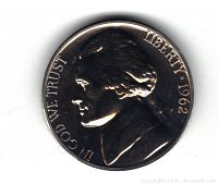 Obverse side of the 1962 Jefferson Nickel proof coin showing Thomas Jefferson's profile and inscriptions.