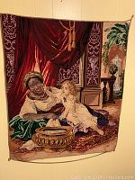 Full view of vintage hand stitched tapestry showing two figures in a richly decorated interior room.