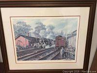 Framed vintage limited-edition print showing a steam locomotive and train workers in a rural station, signed by Wentworth Folkins.