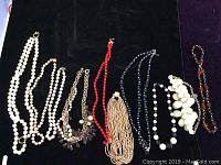 Lot of 10 costume jewelry necklaces displayed on dark fabric background, variety of colors and styles visible