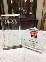 Wide shot showing both awards on a white cloth, placed in front of a cabinet with decorative items.