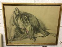 Full view of the framed charcoal drawing depicting two women