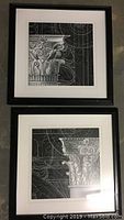 Pair of black and white prints showing Corinthian column capitals in black frames with white mats.