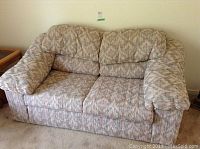Front view of Sears patterned upholstered love seat with padded armrests and cushion back.