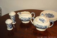 Photo showing Mason's China three-piece coffee set with salt and pepper shakers and six dessert plates stacked.