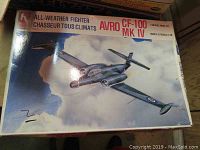 Box of Avro CF-100 MK IV model airplane kit with aircraft illustration on lid