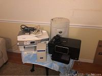 Full view of all items including Kodak printer, Royal shredder, UPS, HP printer