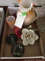 Satin glass jug, tumbler, ceramic water lily, and two small floral dishes in box with ribbons