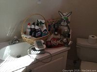 Photo showing bathroom sink area with Omron blood pressure machine on counter along with cleaning products arranged in basket and bunny toilet paper holder on toilet tank