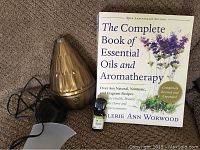 Photo showing the diffuser, essential oil bottle, and book together on carpet.
