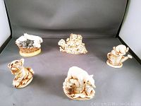 Five Harmony Kingdom figurines arranged in a semi-circle on a gray background. From left to right: Tiger, Dog and Cat, Dalmatians, Polar Bear on Igloo, and Cat in Watering Can.