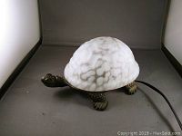 Front and side view of the turtle lamp showing the brass turtle base and glass shell in natural light.