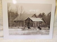 Framable black and white photo of Stockdale Grist Mill taken from the back, displayed against a white background.