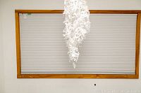 Closed cellular window shades within wooden frame, showing pleated honeycomb design.