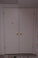 Two white painted closet doors, double panel style with gold round knobs, measuring 24x76 inches.