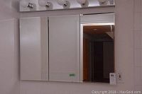 Front view of the three-door mirrored medicine cabinet with light bulbs above it and a light switch visible on the right.