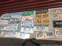 Photo of multiple license plates including New York, Vermont, Delaware, and specialty plates labeled 'Iwo Jima Survivor' and 'WAYNE Lincoln'.