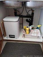 Photo showing metal garbage can, rubber mat, cleaning supplies in plastic wash bin, wooden cutting board under sink.