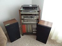 Wood veneer and glass audio cabinet with stereo components inside and two speakers flanking