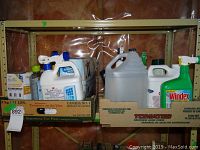 Shelf with various cleaning product bottles including vinegar, hand soap, Armor All, Windex, and others
