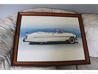 Full view of the framed signed original oil painting showing the white 1950s Buick convertible on canvas.