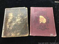 Two antique books side by side showing worn covers, one with a black cover and the other maroon with gold illustration