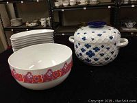 Wide view of the lot items including the Rosenthal bowl, set of 12 half-moon dishes, and Thomas porcelain soup tureen with lid