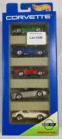 Front view of the sealed Hot Wheels Corvette 5-pack showing all five cars in snug compartments inside blue color cardboard with Hot Wheels logo and Corvette branding.