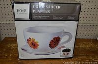 Box showing product name and details: indoor and outdoor use, made of terracotta, planter 25 cm diameter x 16.5 cm height, saucer 31.5 cm diameter.