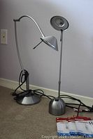 Front view of two brushed finish halogen lamps on carpeted floor showing round bases, curved and articulating stems, and conical metal shades.