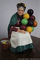 Front angle of the Royal Doulton Old Balloon Seller figurine showing face, balloons, and basket.