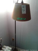 Full view of the floor lamp showing paper shade with height label "61" and wall plug nearby.