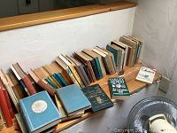 Photo showing a long wooden shelf with about 30 assorted hardcover and softcover books arranged vertically and horizontally, varying in size, color, and condition.