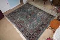 Rolled out wool area rug showing full detail of pattern and fringe.